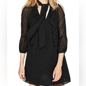 ZARA Plumetis Dress Bow Neckline Black Swiss Dot Size Large Ruffles Line…